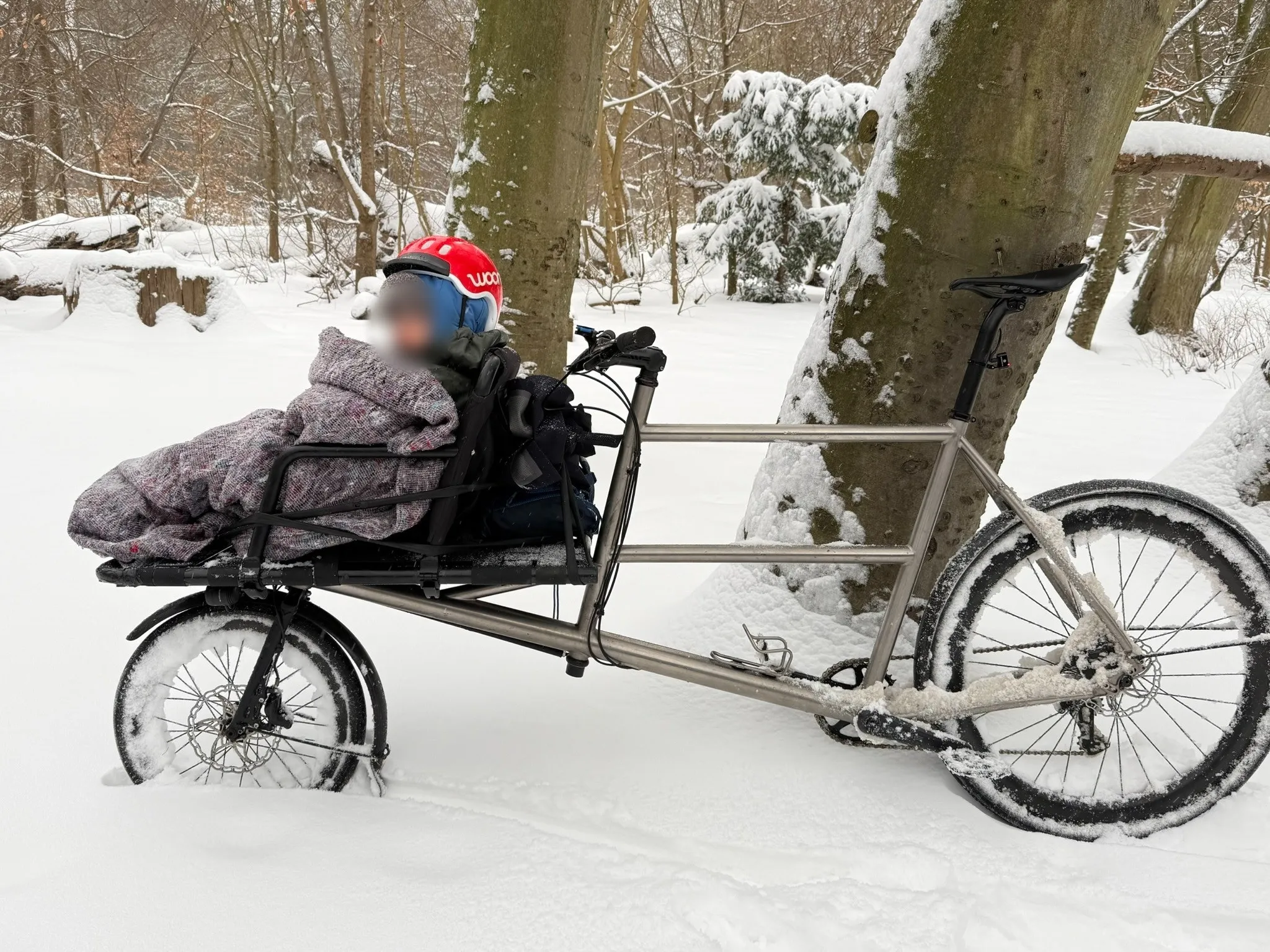 Henrik’s titanium Omnium cargo bike carrying his son, wrapped up against the snow